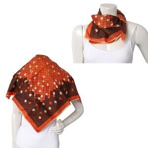 Vintage Silky Square Scarf Retro Geometric 70s Lightweight Satin Orange Brown